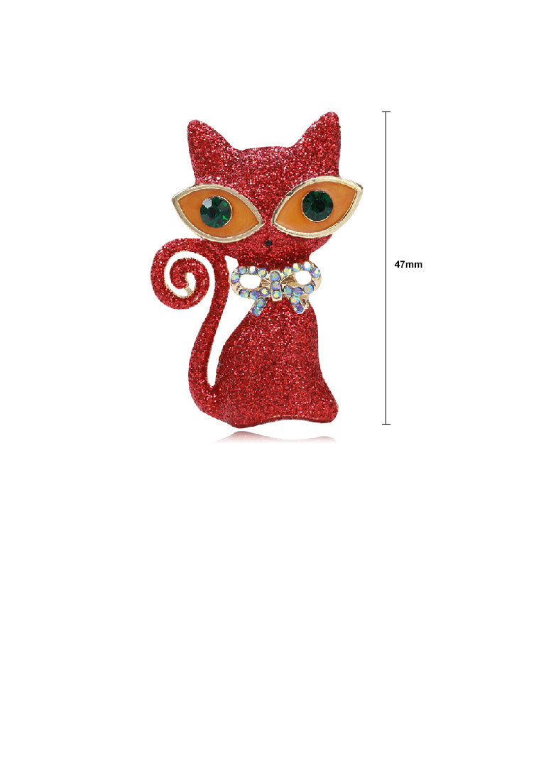 Fashion Cute Plated Gold Red Cat Brooch with Cubic Zirconia - Luxurious Look - Vibrant Color