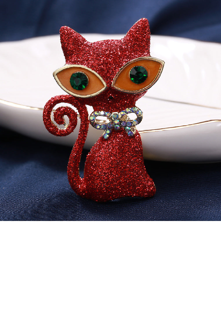 Fashion Cute Plated Gold Red Cat Brooch with Cubic Zirconia - Luxurious Look - Vibrant Color
