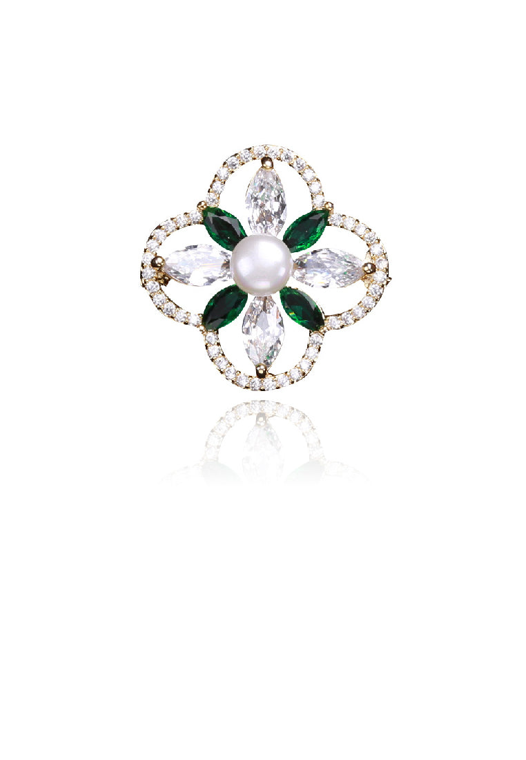 Fashion and Elegant Plated Gold Four-leafed Clover Imitation Pearl Brooch with Cubic Zirconia - Luxurious Look