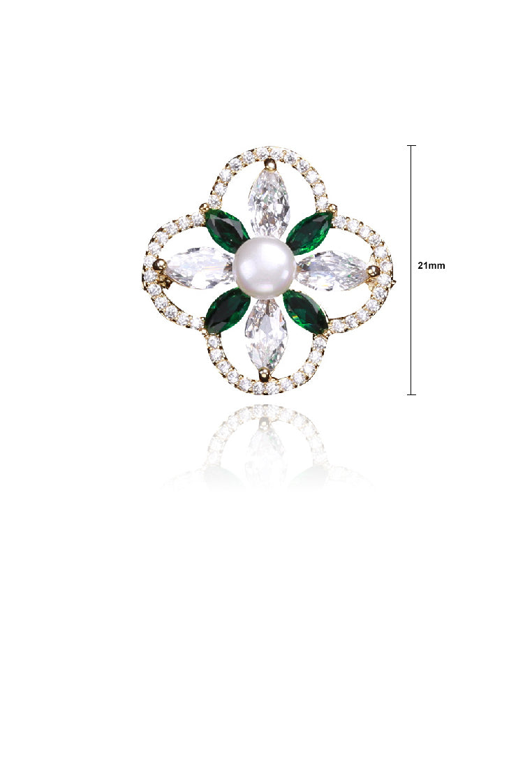 Fashion and Elegant Plated Gold Four-leafed Clover Imitation Pearl Brooch with Cubic Zirconia - Luxurious Look