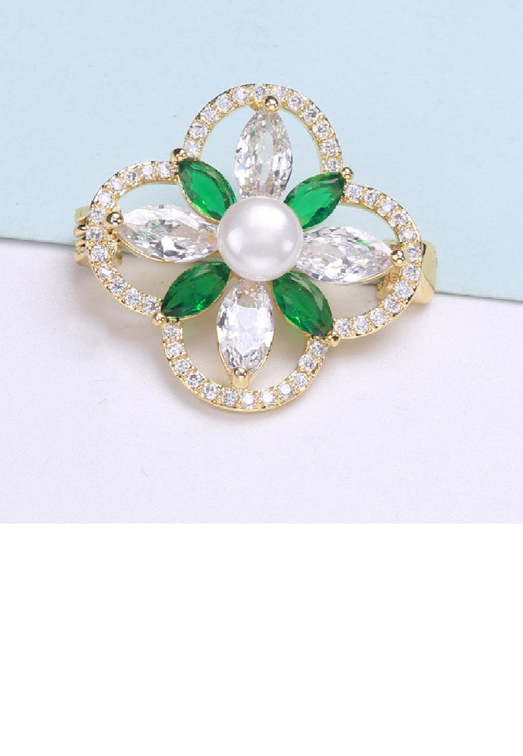 Fashion and Elegant Plated Gold Four-leafed Clover Imitation Pearl Brooch with Cubic Zirconia - Luxurious Look
