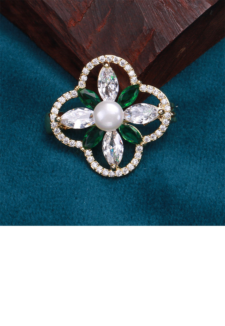 Fashion and Elegant Plated Gold Four-leafed Clover Imitation Pearl Brooch with Cubic Zirconia - Luxurious Look