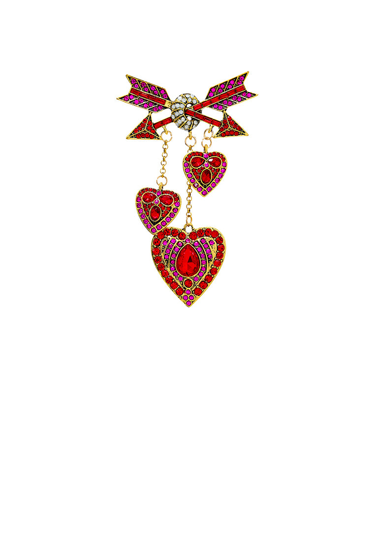 Fashion Vintage Plated Gold Cupid Arrow Heart Tassel Brooch with Red Cubic Zirconia - Luxurious Look - Vibrant Color