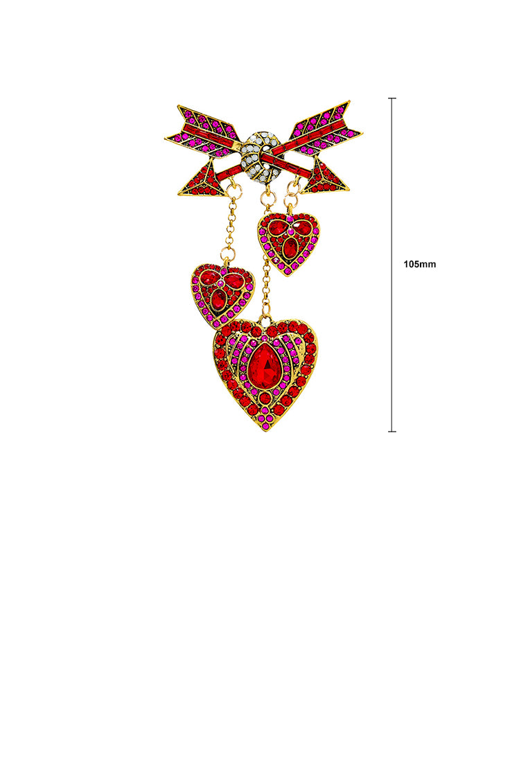 Fashion Vintage Plated Gold Cupid Arrow Heart Tassel Brooch with Red Cubic Zirconia - Luxurious Look - Vibrant Color