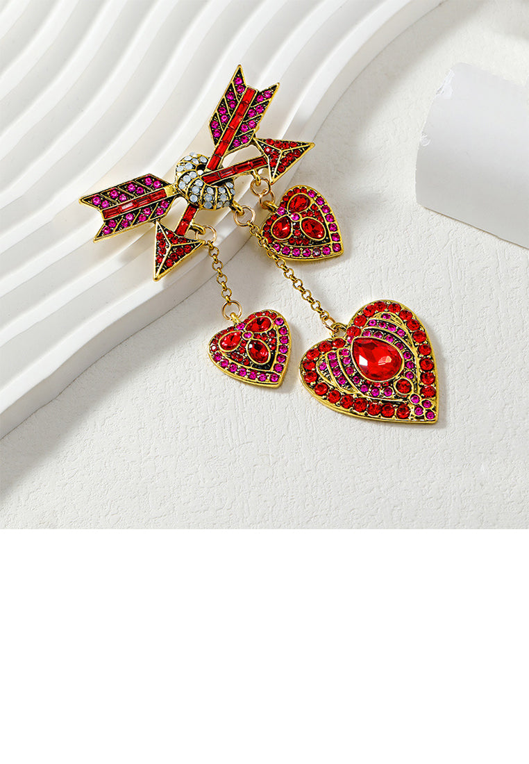 Fashion Vintage Plated Gold Cupid Arrow Heart Tassel Brooch with Red Cubic Zirconia - Luxurious Look - Vibrant Color