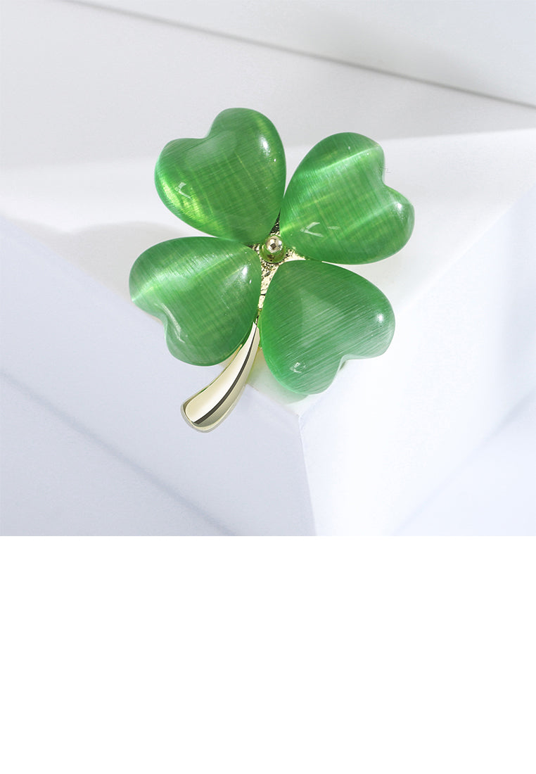 Simple Fashion Plated Gold Four-leafed Clover Imitation Opal Brooch