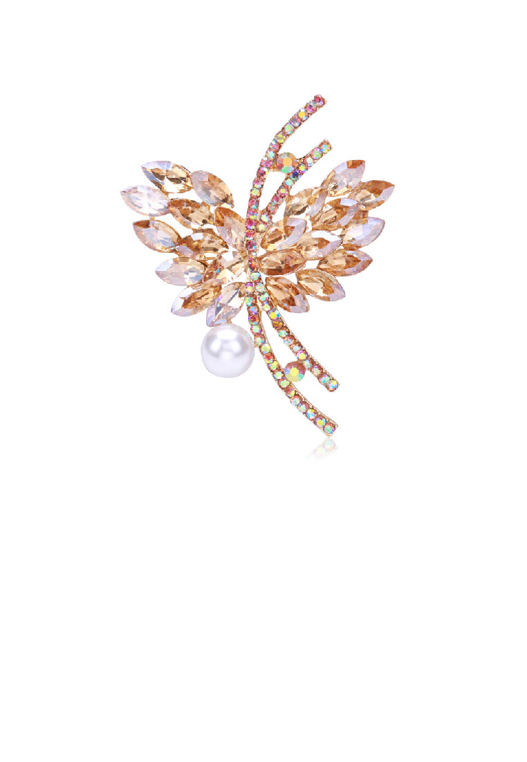 Fashion Brilliant Plated Gold Butterfly Shaped Imitation Pearl Brooch with Champagne Cubic Zirconia - Luxurious Look