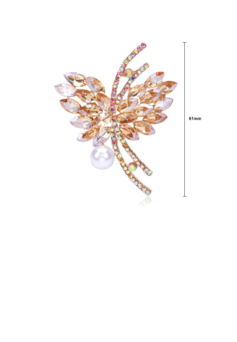Fashion Brilliant Plated Gold Butterfly Shaped Imitation Pearl Brooch with Champagne Cubic Zirconia - Luxurious Look