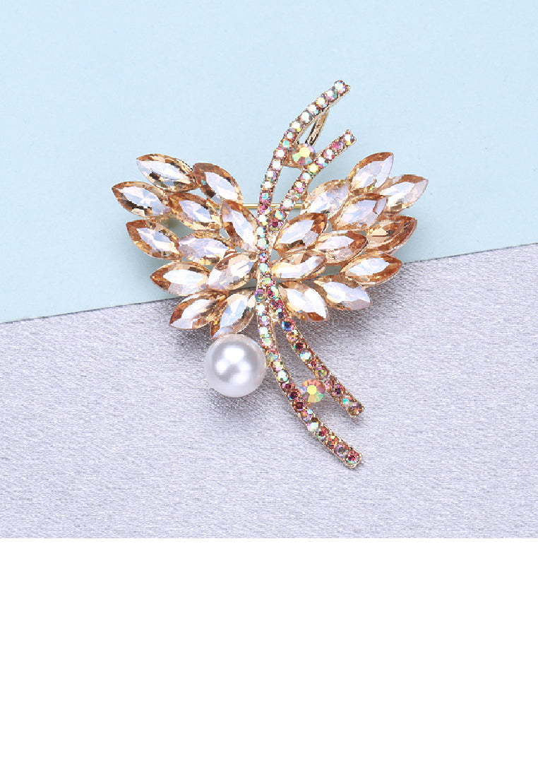 Fashion Brilliant Plated Gold Butterfly Shaped Imitation Pearl Brooch with Champagne Cubic Zirconia - Luxurious Look