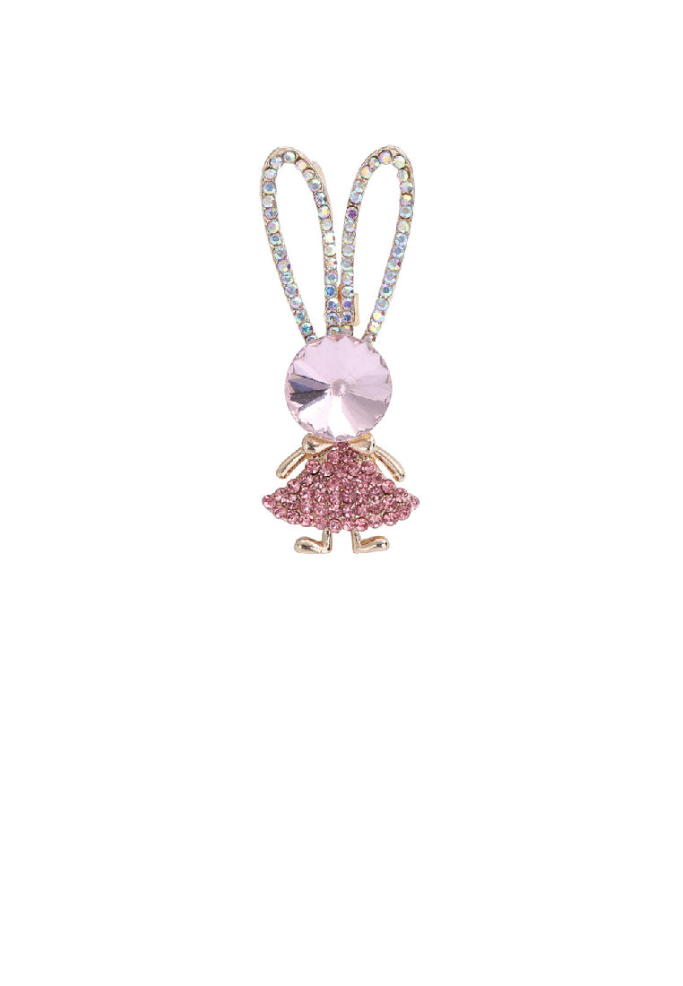 Sweet Cute Plated Gold Rabbit Brooch with Pink Cubic Zirconia - Luxurious Look - Vibrant Color
