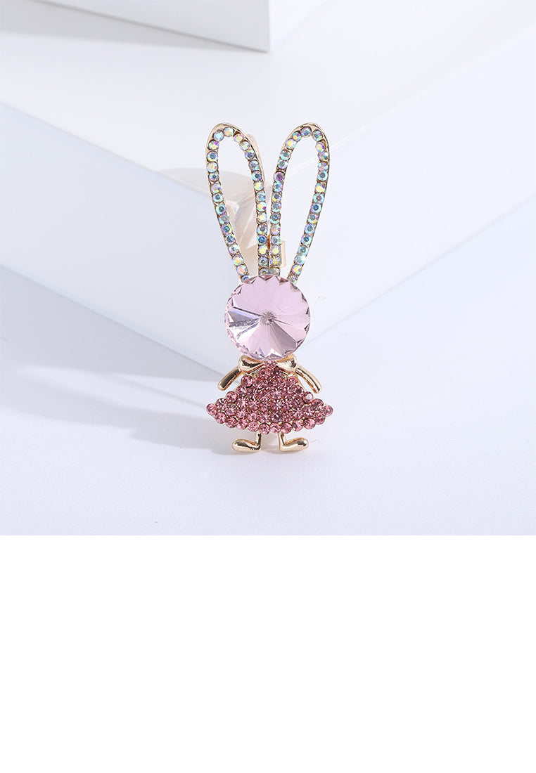 Sweet Cute Plated Gold Rabbit Brooch with Pink Cubic Zirconia - Luxurious Look - Vibrant Color