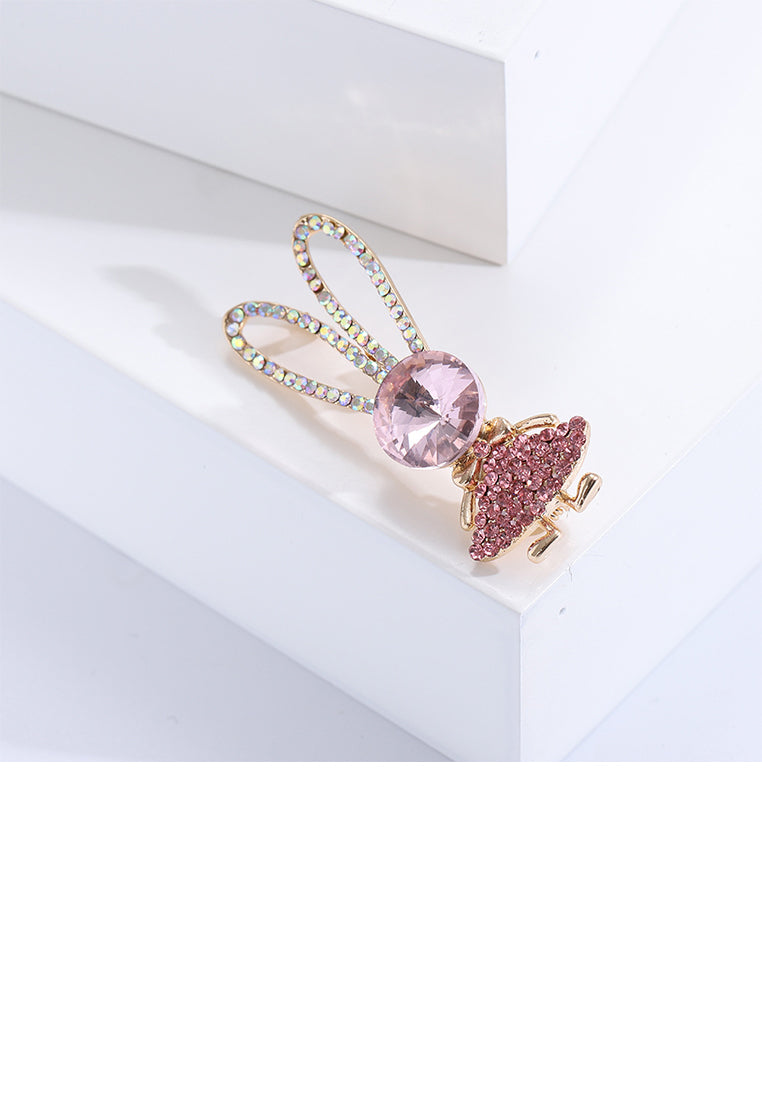 Sweet Cute Plated Gold Rabbit Brooch with Pink Cubic Zirconia - Luxurious Look - Vibrant Color