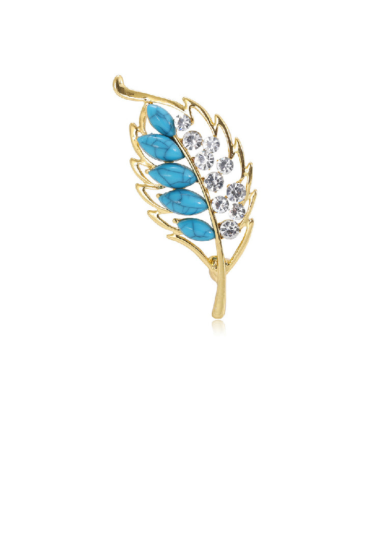Fashion Temperament Plated Gold Leaf Imitation Blue Turquoise Brooch with Cubic Zirconia - Luxurious Look