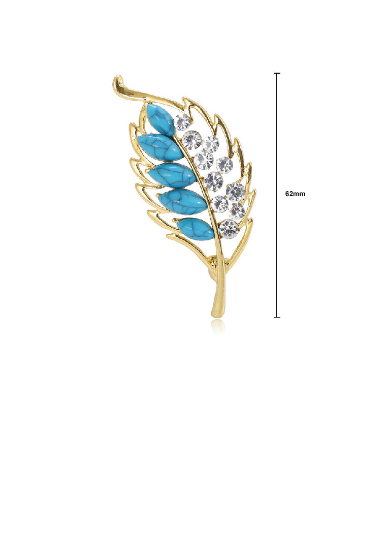 Fashion Temperament Plated Gold Leaf Imitation Blue Turquoise Brooch with Cubic Zirconia - Luxurious Look