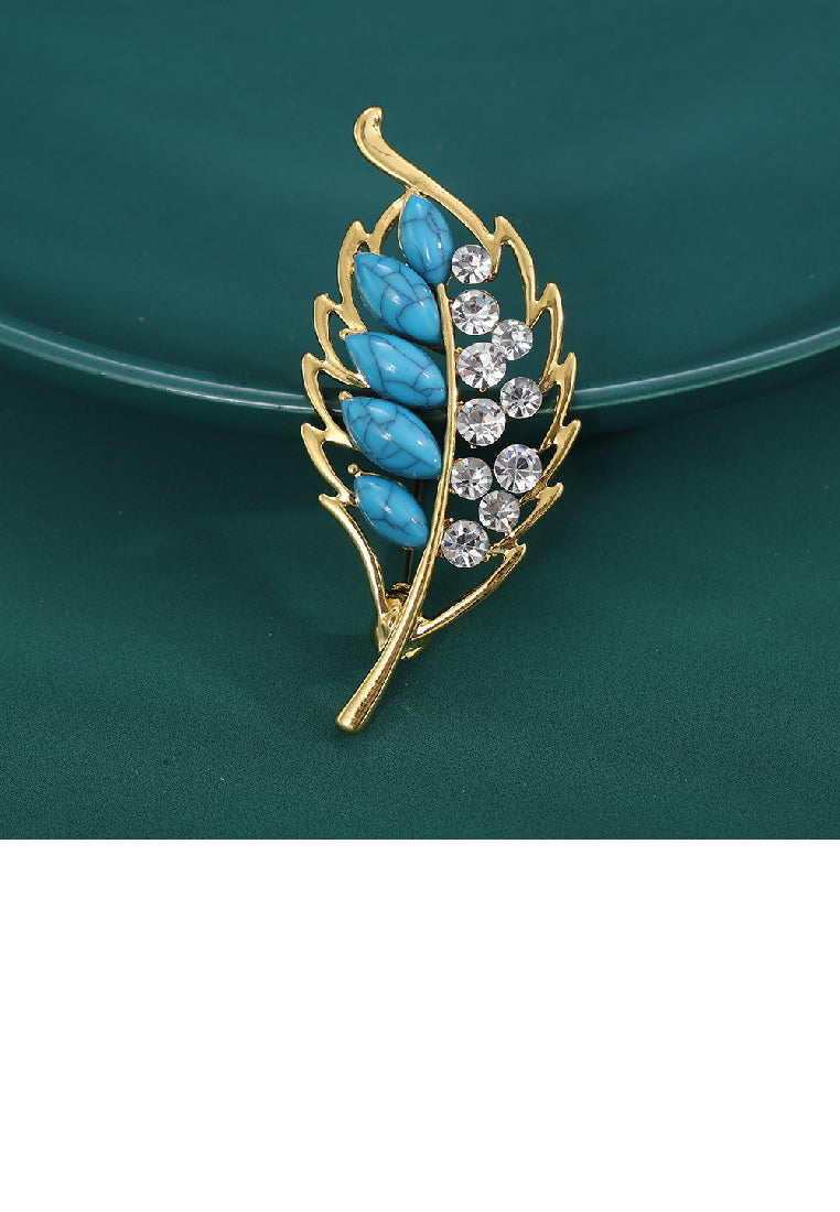 Fashion Temperament Plated Gold Leaf Imitation Blue Turquoise Brooch with Cubic Zirconia - Luxurious Look