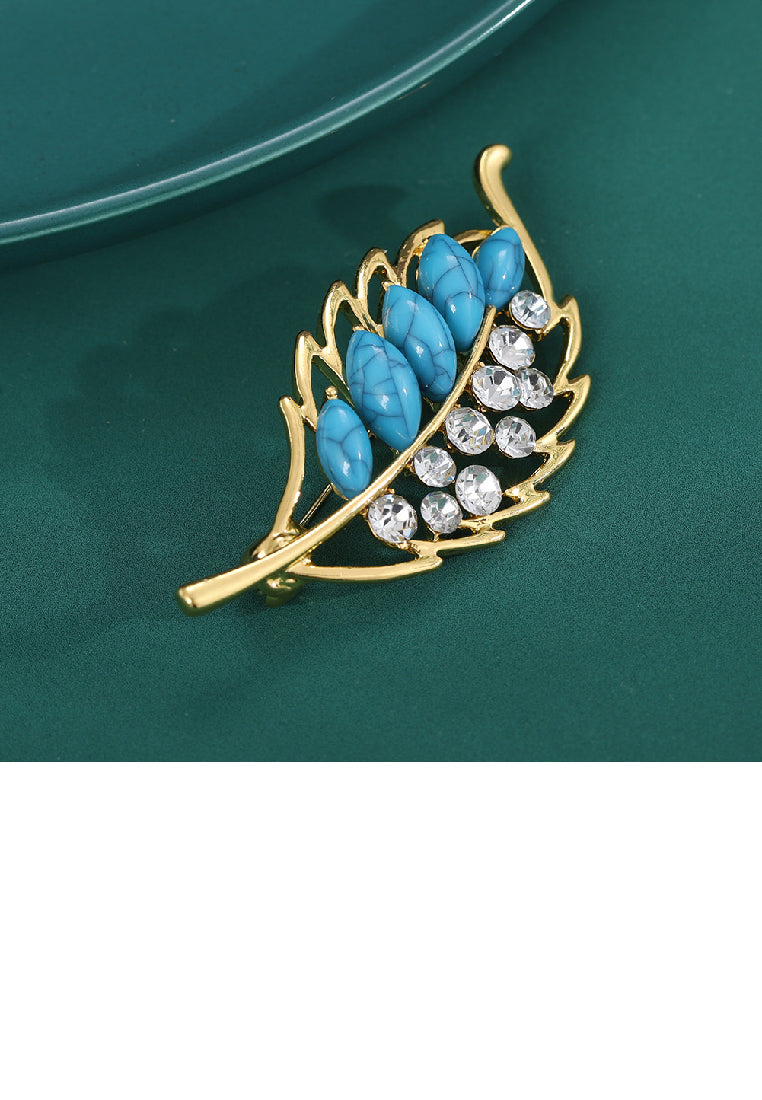 Fashion Temperament Plated Gold Leaf Imitation Blue Turquoise Brooch with Cubic Zirconia - Luxurious Look
