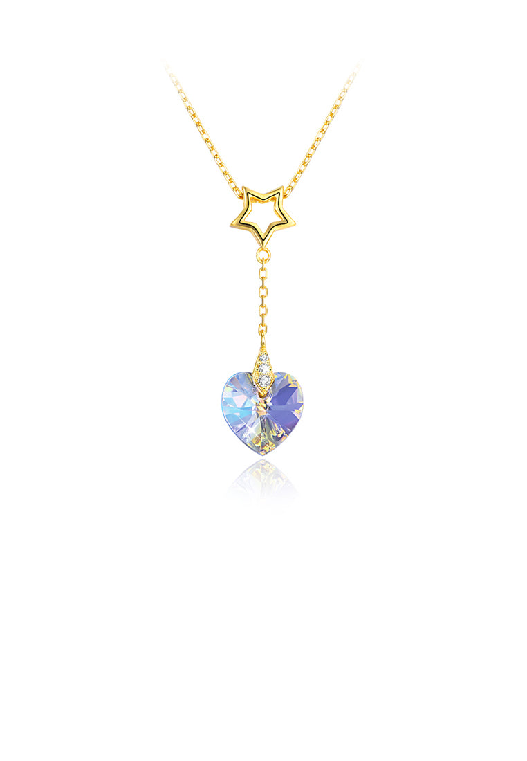 925 Sterling Silver Gold Plated Sparkling Fashion Elegant Romantic Star and Heart Shape Pendant and Necklace with Austrian Element Crystal
