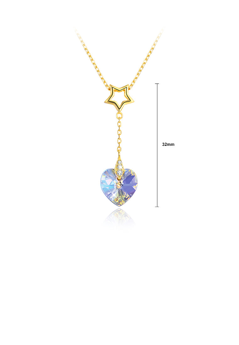 925 Sterling Silver Gold Plated Sparkling Fashion Elegant Romantic Star and Heart Shape Pendant and Necklace with Austrian Element Crystal