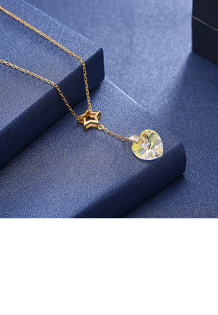 925 Sterling Silver Gold Plated Sparkling Fashion Elegant Romantic Star and Heart Shape Pendant and Necklace with Austrian Element Crystal