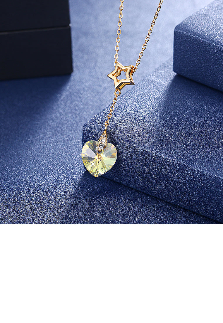 925 Sterling Silver Gold Plated Sparkling Fashion Elegant Romantic Star and Heart Shape Pendant and Necklace with Austrian Element Crystal