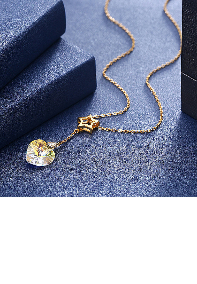 925 Sterling Silver Gold Plated Sparkling Fashion Elegant Romantic Star and Heart Shape Pendant and Necklace with Austrian Element Crystal