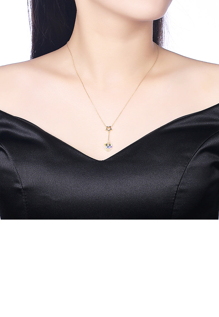 925 Sterling Silver Gold Plated Sparkling Fashion Elegant Romantic Star and Heart Shape Pendant and Necklace with Austrian Element Crystal