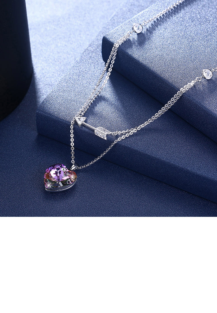 925 Sterling Silver Fashion Romantic Heart Shape and Heart Shape Necklace with Purple Austrian Element Crystal