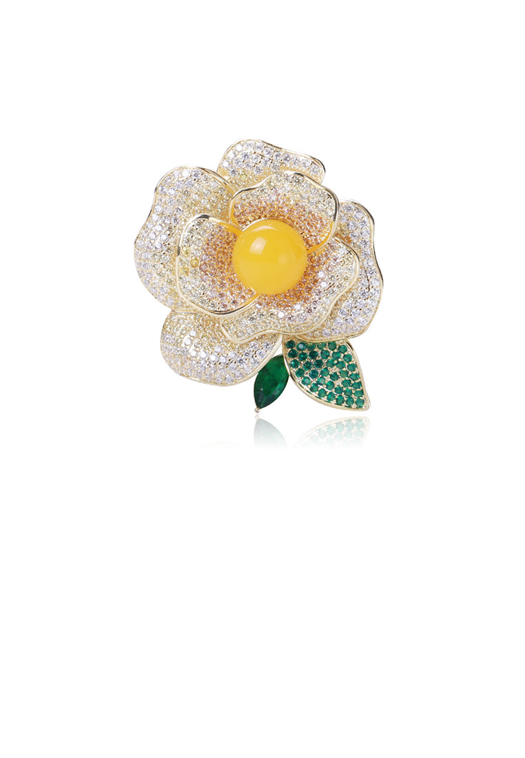 Fashion and Elegant Plated Gold Camellia Brooch with Cubic Zirconia - Luxurious Look
