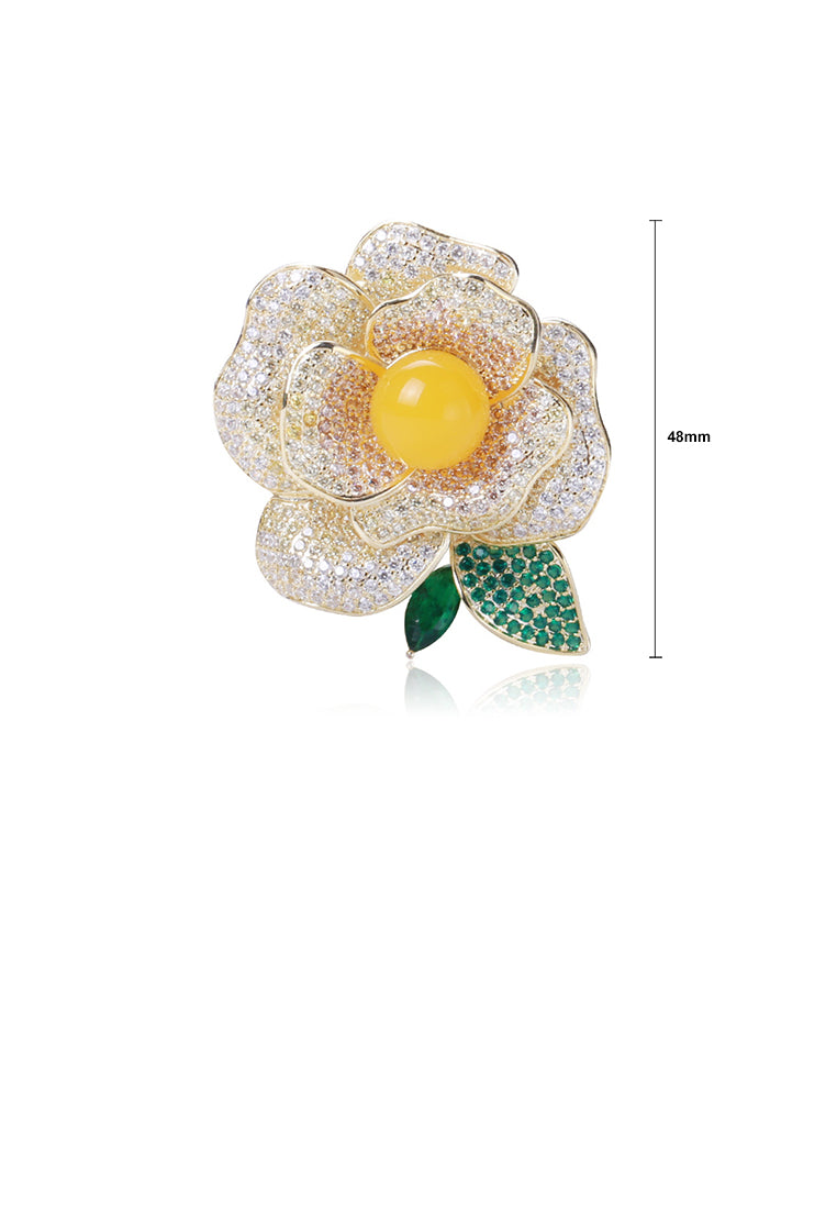 Fashion and Elegant Plated Gold Camellia Brooch with Cubic Zirconia - Luxurious Look