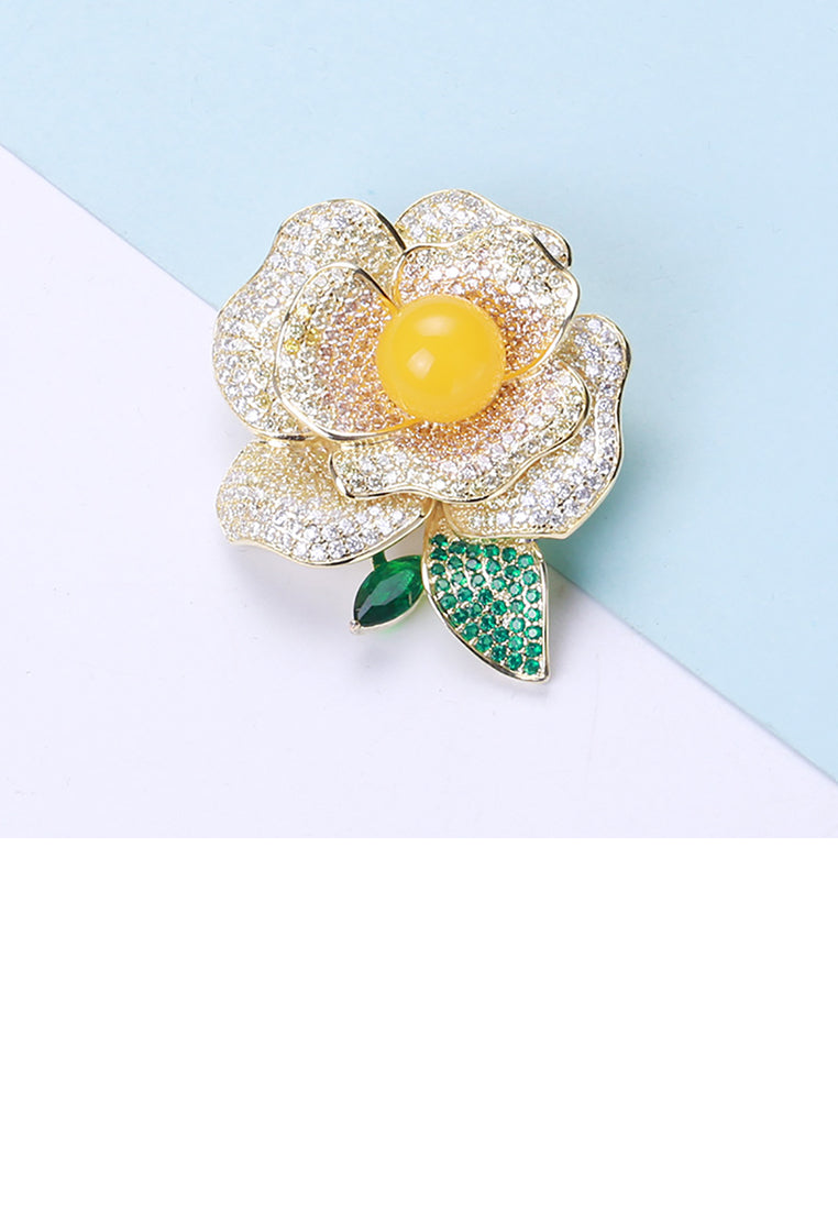 Fashion and Elegant Plated Gold Camellia Brooch with Cubic Zirconia - Luxurious Look