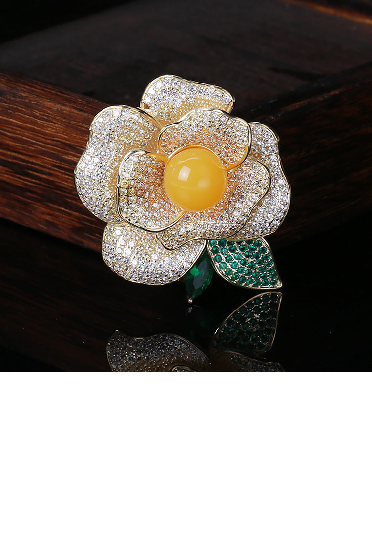 Fashion and Elegant Plated Gold Camellia Brooch with Cubic Zirconia - Luxurious Look
