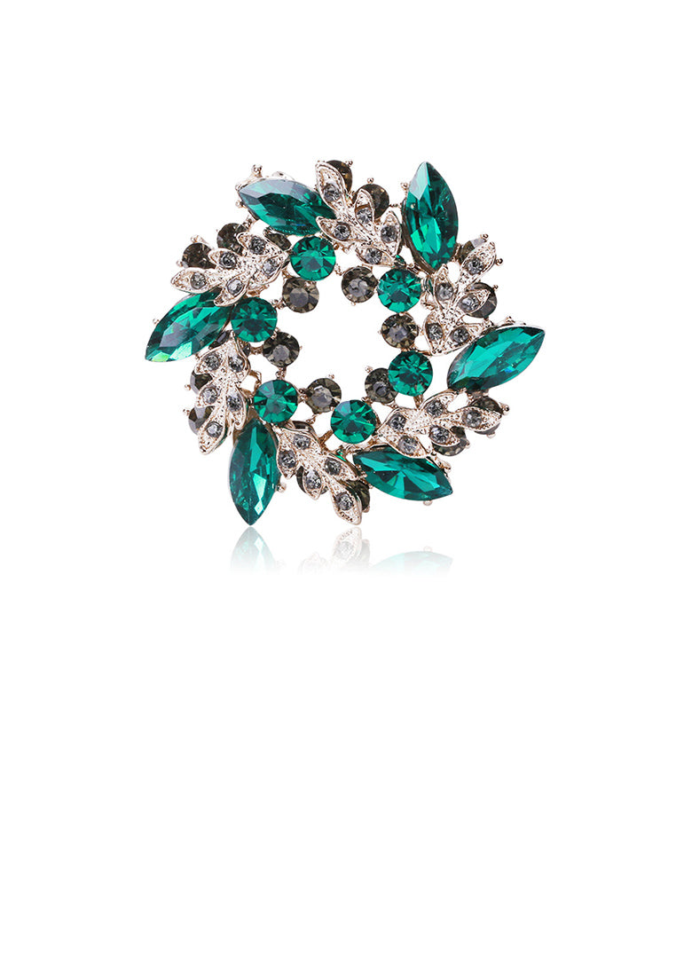 Elegant and Bright Plated Gold Wreath Large Brooch with Green Cubic Zirconia - Luxurious Look