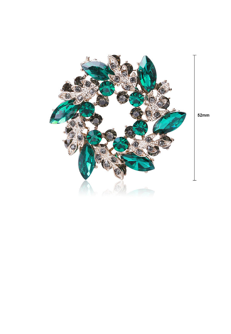 Elegant and Bright Plated Gold Wreath Large Brooch with Green Cubic Zirconia - Luxurious Look