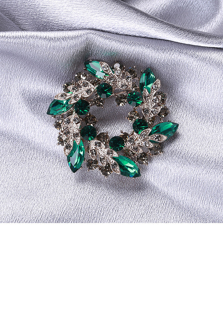 Elegant and Bright Plated Gold Wreath Large Brooch with Green Cubic Zirconia - Luxurious Look
