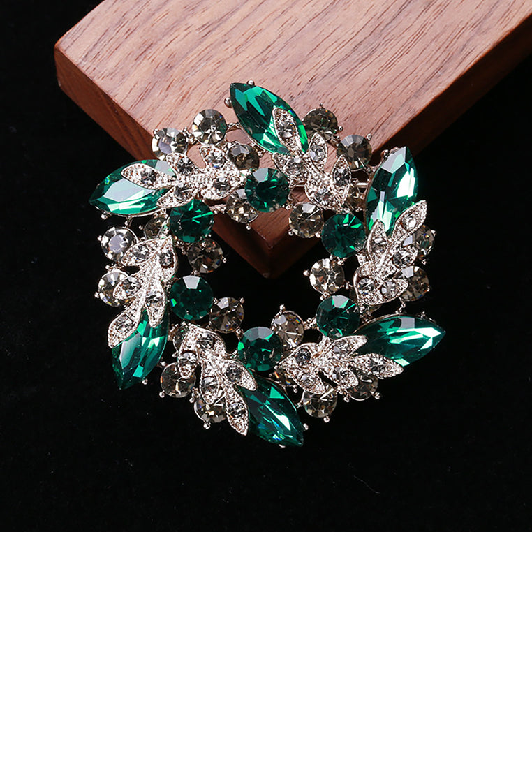 Elegant and Bright Plated Gold Wreath Large Brooch with Green Cubic Zirconia - Luxurious Look
