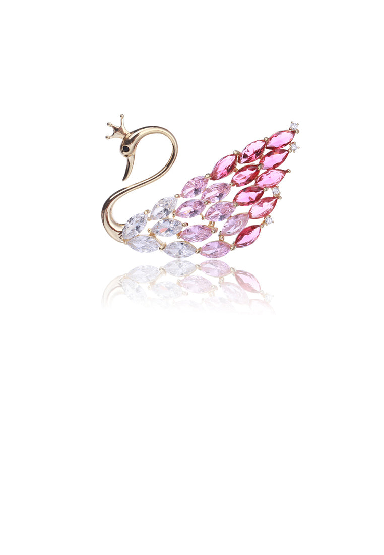 Fashion and Elegant Plated Gold Swan Brooch with Pink Cubic Zirconia - Luxurious Look - Vibrant Color