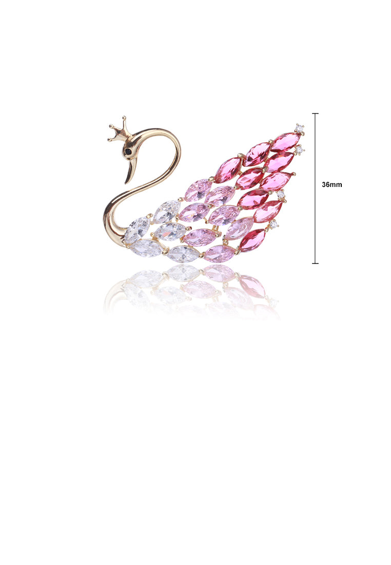Fashion and Elegant Plated Gold Swan Brooch with Pink Cubic Zirconia - Luxurious Look - Vibrant Color