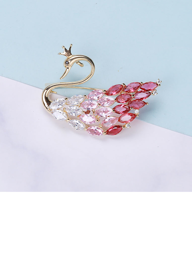 Fashion and Elegant Plated Gold Swan Brooch with Pink Cubic Zirconia - Luxurious Look - Vibrant Color