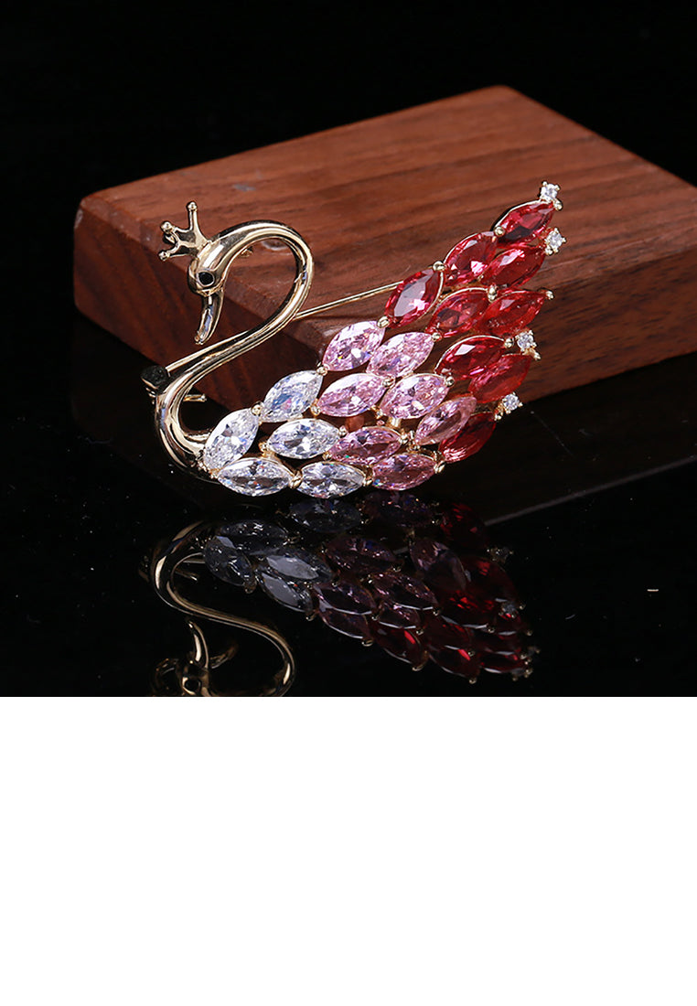 Fashion and Elegant Plated Gold Swan Brooch with Pink Cubic Zirconia - Luxurious Look - Vibrant Color