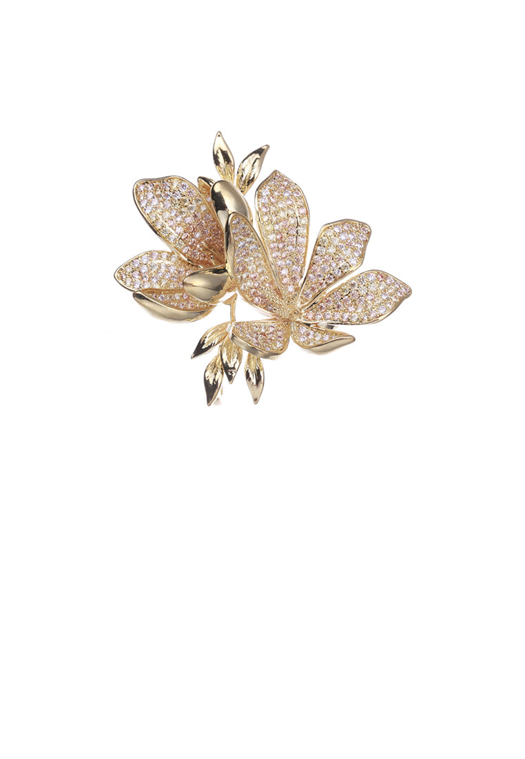 Fashion and Elegant Plated Gold Flower Brooch with White Cubic Zirconia - Luxurious Look