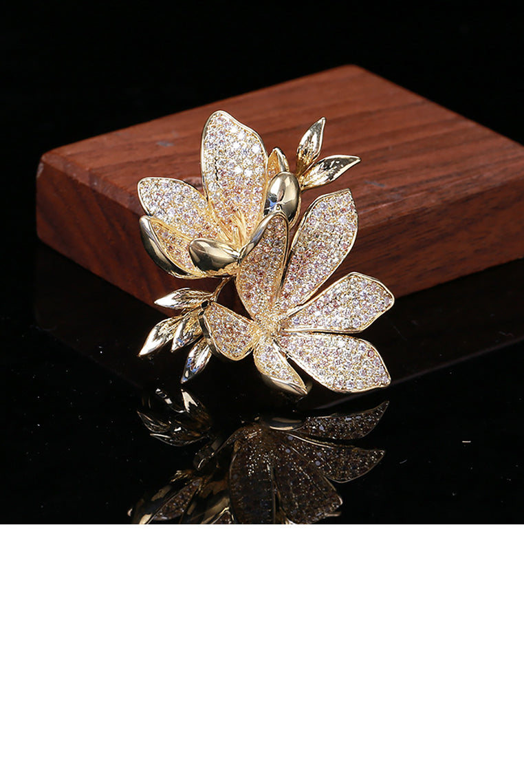 Fashion and Elegant Plated Gold Flower Brooch with White Cubic Zirconia - Luxurious Look