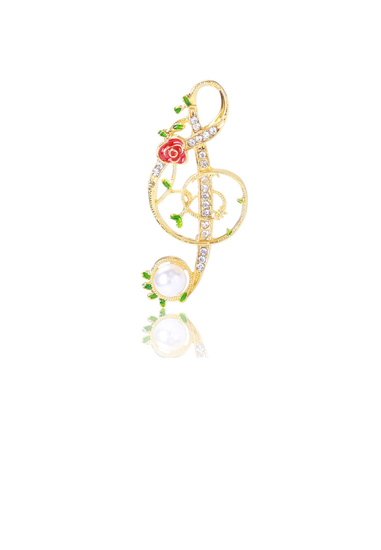 Fashion Simple Plated Gold Rose Musical Note Imitation Pearl Brooch with Cubic Zirconia - Luxurious Look