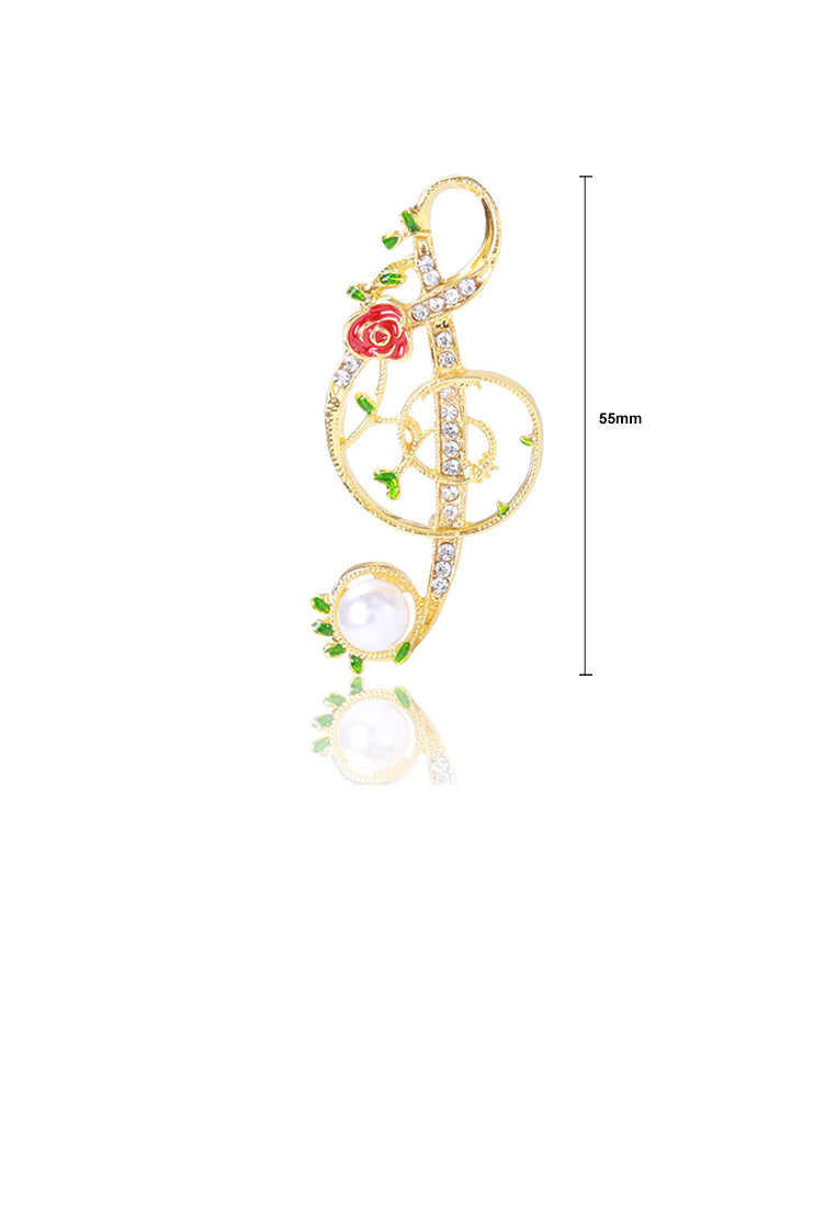 Fashion Simple Plated Gold Rose Musical Note Imitation Pearl Brooch with Cubic Zirconia - Luxurious Look