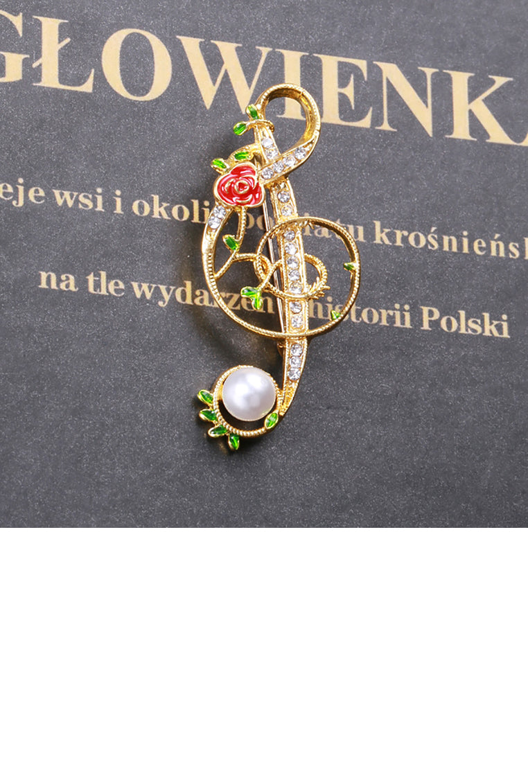 Fashion Simple Plated Gold Rose Musical Note Imitation Pearl Brooch with Cubic Zirconia - Luxurious Look