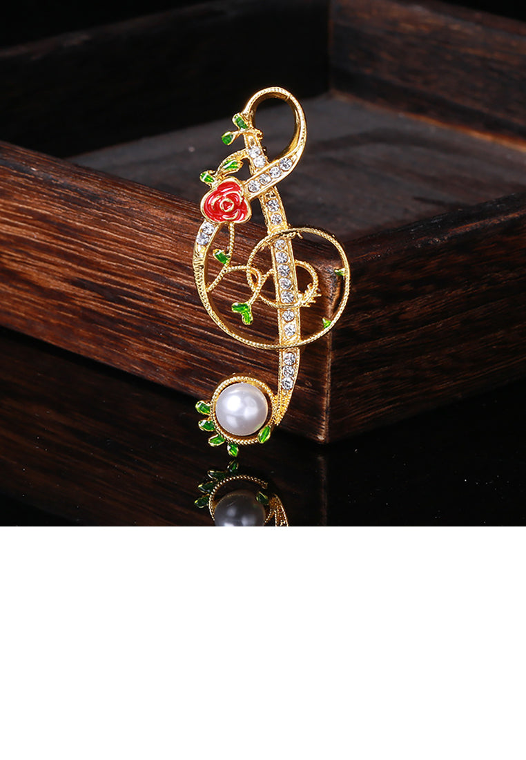 Fashion Simple Plated Gold Rose Musical Note Imitation Pearl Brooch with Cubic Zirconia - Luxurious Look