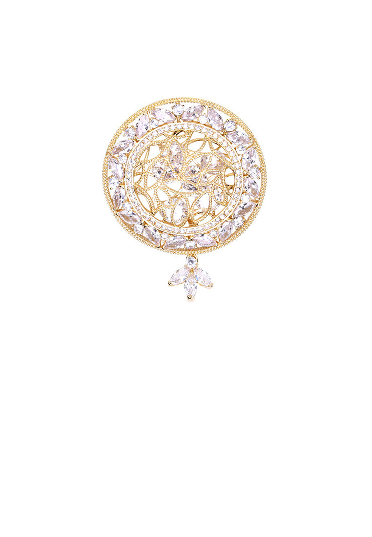 Elegant Temperament Plated Gold Hollow Court Pattern Geometric Round Brooch with Cubic Zirconia - Luxurious Look