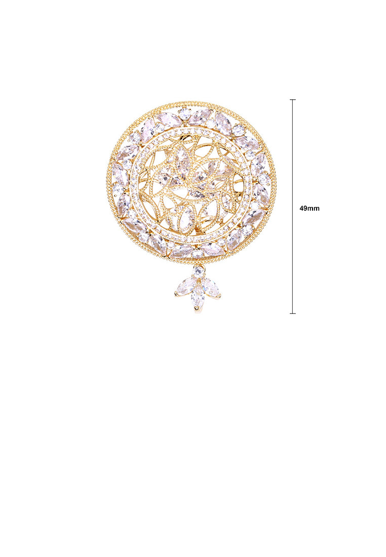 Elegant Temperament Plated Gold Hollow Court Pattern Geometric Round Brooch with Cubic Zirconia - Luxurious Look