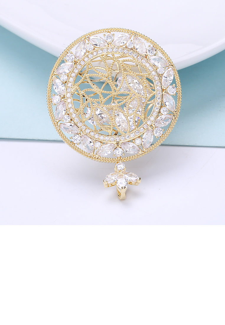 Elegant Temperament Plated Gold Hollow Court Pattern Geometric Round Brooch with Cubic Zirconia - Luxurious Look