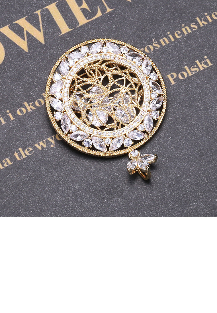 Elegant Temperament Plated Gold Hollow Court Pattern Geometric Round Brooch with Cubic Zirconia - Luxurious Look