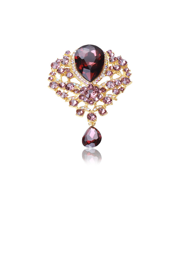 Elegant and Bright Plated Gold Floral Geometric Brooch with Purple Cubic Zirconia - Luxurious Look